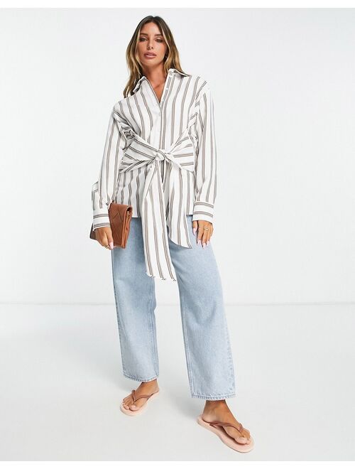 Topshop premium oversized knot front stripe shirt in chocolate