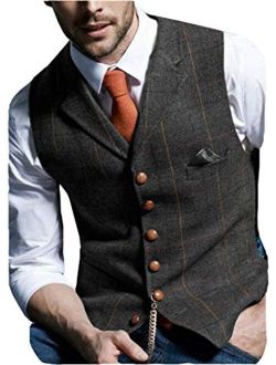 Aesido Casual Men's Vest for Wedding Plaid Soft Wool Tweed Waistcoat for Groosmen Best Man