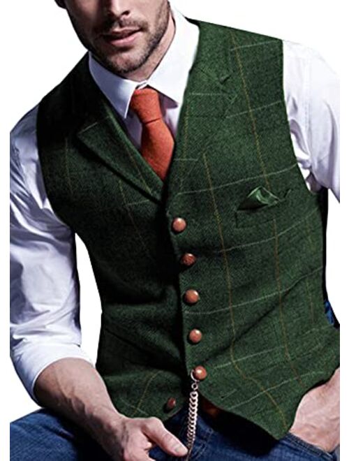 Aesido Casual Men's Vest for Wedding Plaid Soft Wool Tweed Waistcoat for Groosmen Best Man