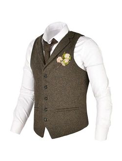 Generic Tweed Herringbone Suit Dress Vest for Men, Lapel 5 Button Formal Casual Jacket Waistcoat Top for Business Banquet (Color : Green, Size : Medium)