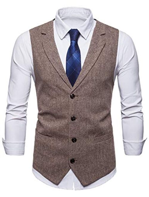 STTLZMC Mens Casual Dress Vests 4 Button Tailored Collar Tweed Suit Waistcoat