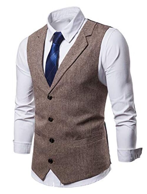STTLZMC Mens Casual Dress Vests 4 Button Tailored Collar Tweed Suit Waistcoat