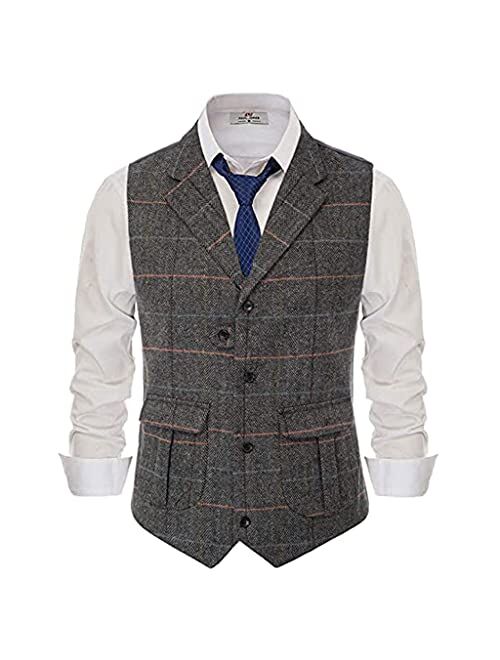 Generic LIUZH Mens Suit Vest Lapel Striped/Latticed Wool Tweed Blended Herringbone Silm Fit for Formal Casual Men's Vest Clothing (Color : C, Size : XS Code)