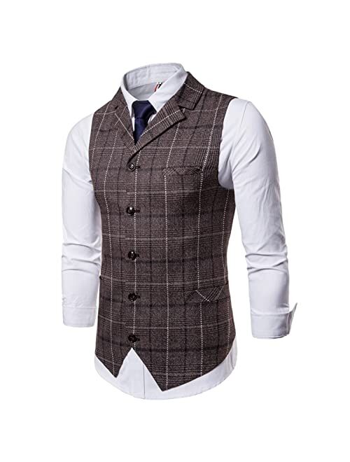 Generic Suit Vest for Men, Formal Slim Fit Plaid 5 Buttons Business Waistcoat V-Neck Casual Vest for Suit Tuxedo2 Color to Choose (Color : Coffee, Size : Large)