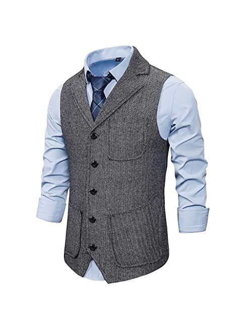 generic Men Suit Vest Multiple Pockets Herringbone Tweed Mens Waistcoat Formal Business Slim Fit Sleeveless Jacket (Color : A, Size : Small)