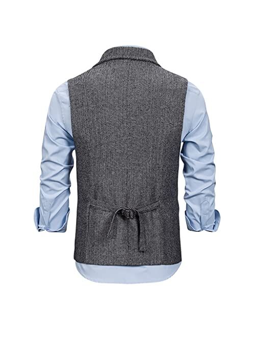 generic Men Suit Vest Multiple Pockets Herringbone Tweed Mens Waistcoat Formal Business Slim Fit Sleeveless Jacket (Color : A, Size : Small)