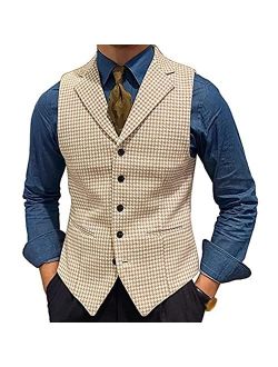 Generic Men's Tweed Plaid Lapel Suit Vest Casual Formal Dress Waistcoat Tank Top with 5 Buttons and 2 Pockets for Work Party (Color : Grey, Size : Medium)