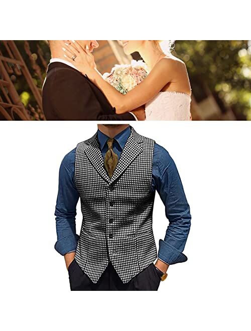 Generic Men's Tweed Plaid Lapel Suit Vest Casual Formal Dress Waistcoat Tank Top with 5 Buttons and 2 Pockets for Work Party (Color : Grey, Size : Medium)