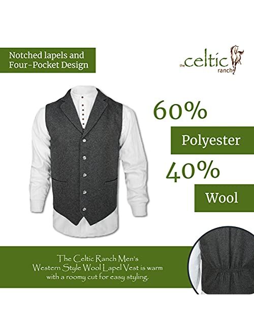 The Celtic Ranch Western Style Wool Lapel Vest, Blended Wool Vest with Lapels, Full-Back with Elastic Cinch and 4 Pockets