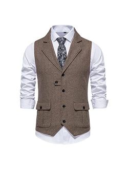 QUNPIU Mens Herringbone Tweed Suit Vest Vintage Slim Fit Notch Lapel Waistcoat Daily Business Wedding Tuxedo Blazer Vests