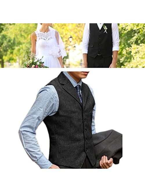 Generic Mens Formal Herringbone Dress Waistcoat Notch Lapel Tweed Casual Suit Vest for Father Husband Son Gift
