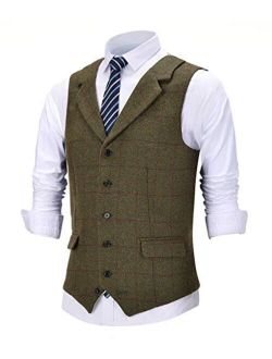 Solove-Suit Men's Formal Notch Lapel Work Suit Vest Plaid Tweed Wool Waistcoat for Wedding Groomsmen (Satin Back)