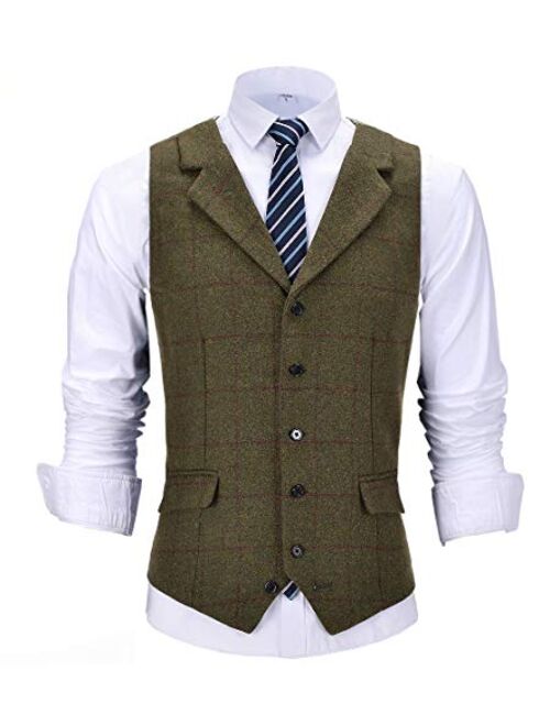 Solove-Suit Men's Formal Notch Lapel Work Suit Vest Plaid Tweed Wool Waistcoat for Wedding Groomsmen (Satin Back)
