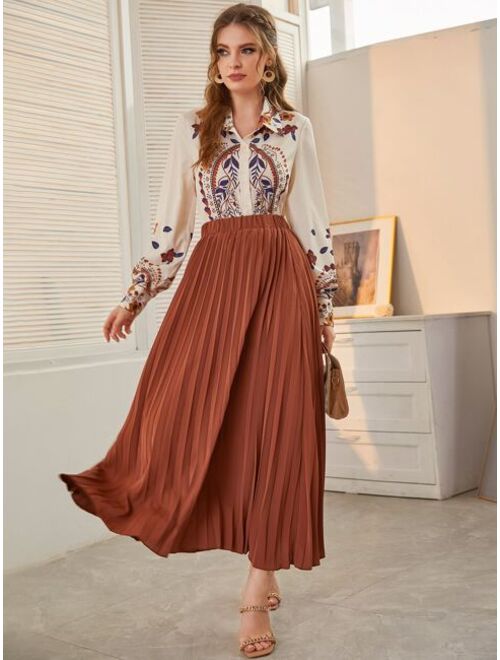 Shein Floral Print Blouse & Pleated Skirt