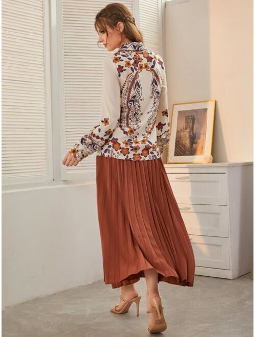 Shein Floral Print Blouse & Pleated Skirt