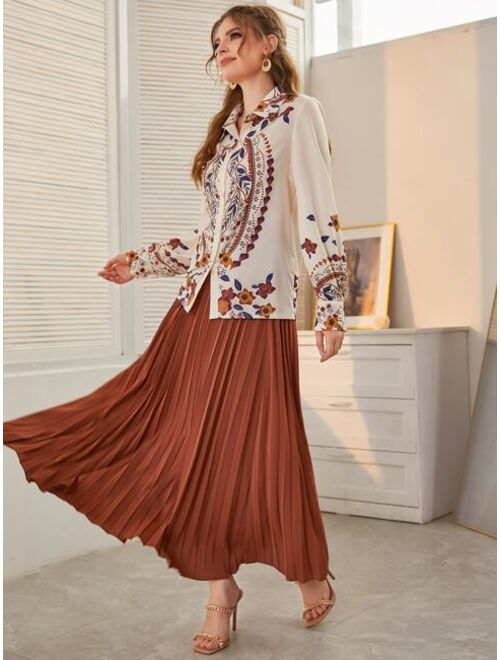 Shein Floral Print Blouse & Pleated Skirt