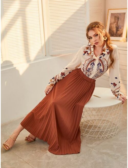 Shein Floral Print Blouse & Pleated Skirt