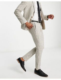 skinny suit pants in stone and beige micro check
