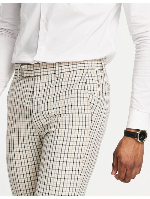 ASOS DESIGN skinny suit pants in stone and beige micro check