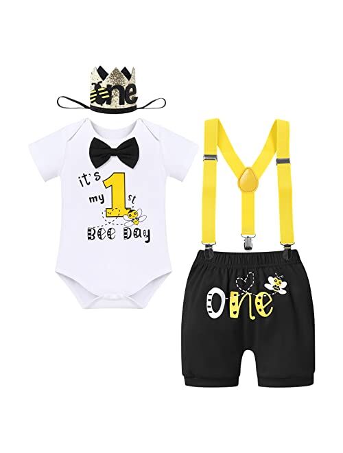 IBTOM CASTLE It's My 1st Bee Day Baby Boy First Birthday Clothes Bow Tie Romper Cake Smash Pants Y-Back Suspenders Photo Shoot Outfits