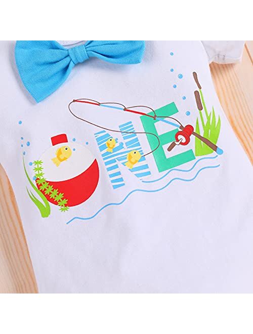 Fymnsi Fishing 1st Birthday Outfit for Baby Boys Bowtie Romper + Shorts + Suspenders + Hat Cake Smash Photo Shoot Clothes Set