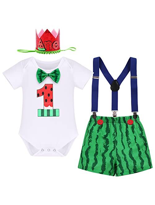 Fymnsi Baby Boy Melon 1st Birthday Cake Smash Outfit Bowtie Romper Adjustable Watermelon Shorts Party Photo Shoot Clothes Set
