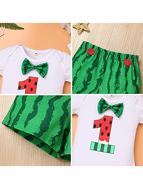 Fymnsi Baby Boy Melon 1st Birthday Cake Smash Outfit Bowtie Romper Adjustable Watermelon Shorts Party Photo Shoot Clothes Set