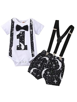 1st Birthday Outfit For Boys Space Romper Suspenders Pants Gentleman First Birthday Cake Smash Photoshoot Clothes
