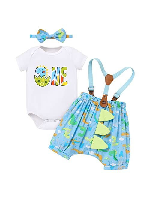 Fymnsi Baby Boys Dinosaur Cake Smash Outfit 1st Birthday Bowtie Romper + Suspendes + Dino Horn Shorts Clothes for Photo Props