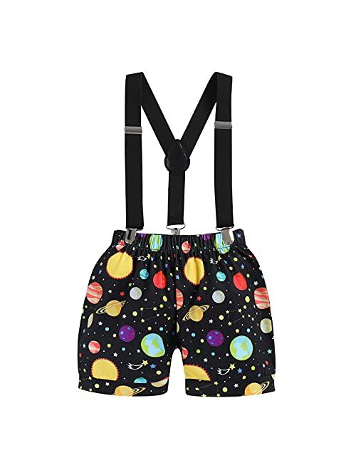 Ibakom Baby Boy 1st Birthday Cake Smash Outfit Space Theme Romper+Diaper Cover Shorts+Suspenders 3PCS Formal Party Clothes Set