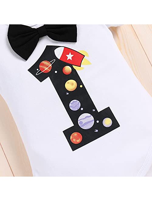 Ibakom Baby Boy 1st Birthday Cake Smash Outfit Space Theme Romper+Diaper Cover Shorts+Suspenders 3PCS Formal Party Clothes Set