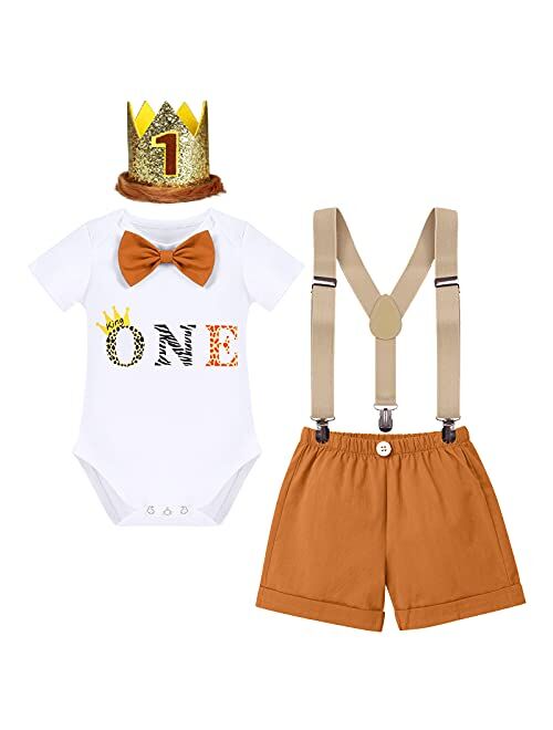 IBAKOM Baby Boy 1st First Birthday Cake Smash Outfit Jungle Safari Romper+Shorts +Y-Back Suspenders+Headband 4PCS