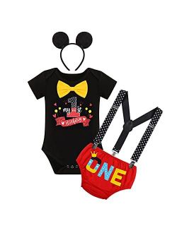 Imekis Baby Boys Cake Smash Outfit First 1st Birthday ONE Bloomers + Suspenders + Bowtie + Headband Photo Props Costume