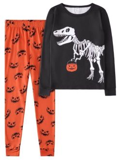 Boys Halloween Pumpkin & Dinosaur Print Snug Fit PJ Set