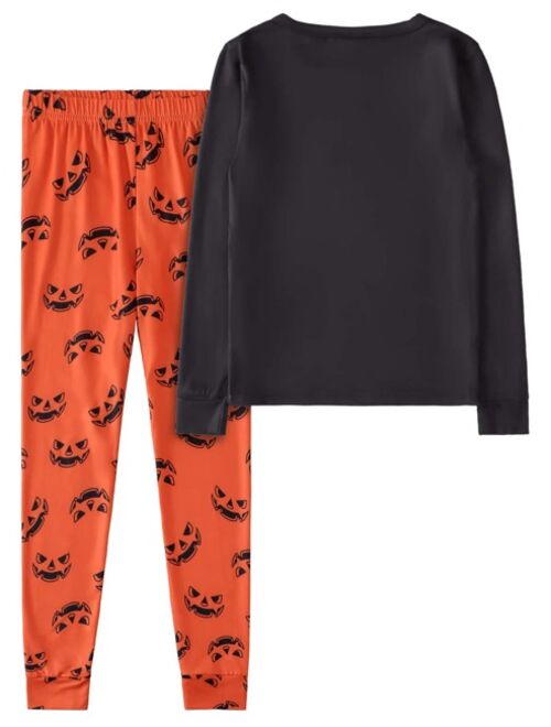 Shein Boys Halloween Pumpkin & Dinosaur Print Snug Fit PJ Set
