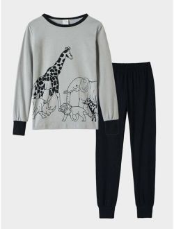 Boys Elephant & Lion Print Tee and Pants Snug Fit Lounge Set