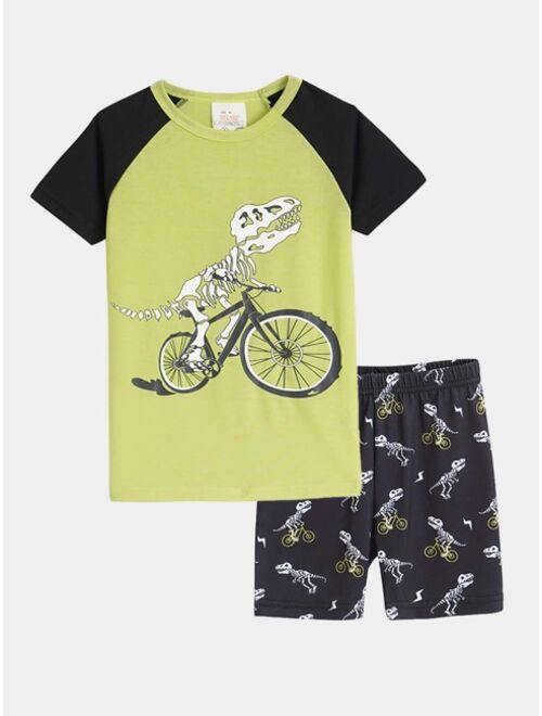 Shein Boys Bike & Dinosaur Skeleton Print Snug Fit PJ Set
