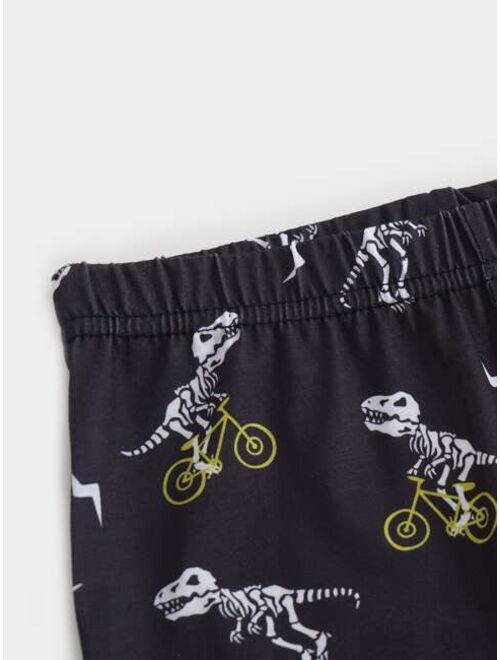 Shein Boys Bike & Dinosaur Skeleton Print Snug Fit PJ Set