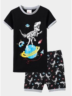 Boys Dinosaur Skeleton Print Ringer Tee & Shorts Snug Fit PJ Set