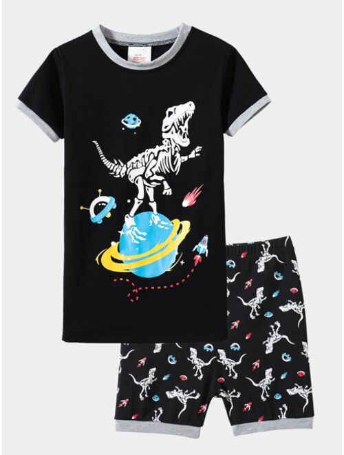Shein Boys Dinosaur Skeleton Print Ringer Tee & Shorts Snug Fit PJ Set