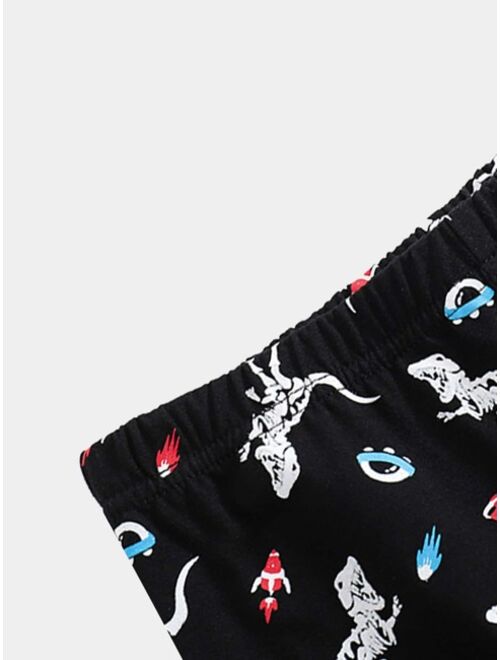 Shein Boys Dinosaur Skeleton Print Ringer Tee & Shorts Snug Fit PJ Set