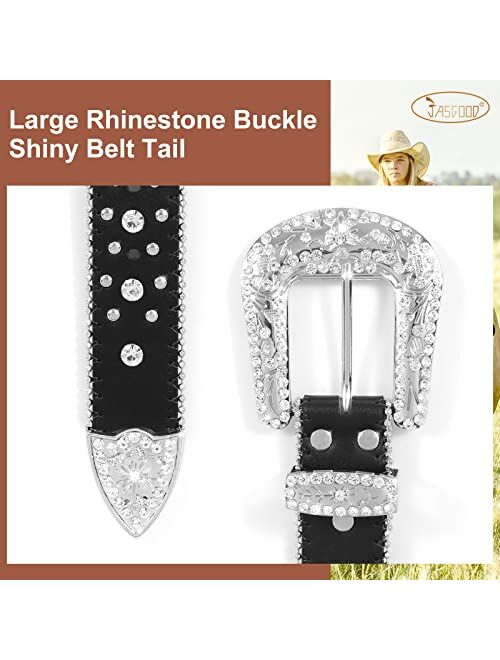 JASGOOD Rhinestone Studded Western Leather Belt for Cowgirl Cowboy Vintage Bling Belt for Pants Dress