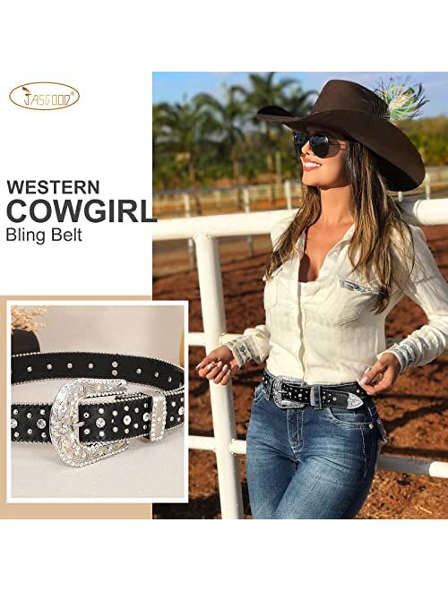 JASGOOD Rhinestone Studded Western Leather Belt for Cowgirl Cowboy Vintage Bling Belt for Pants Dress