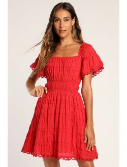 Cute in Cancun Red Smocked Short Sleeve Lace-Up Mini Dress