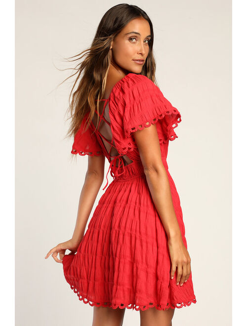 Lulus Cute in Cancun Red Smocked Short Sleeve Lace-Up Mini Dress