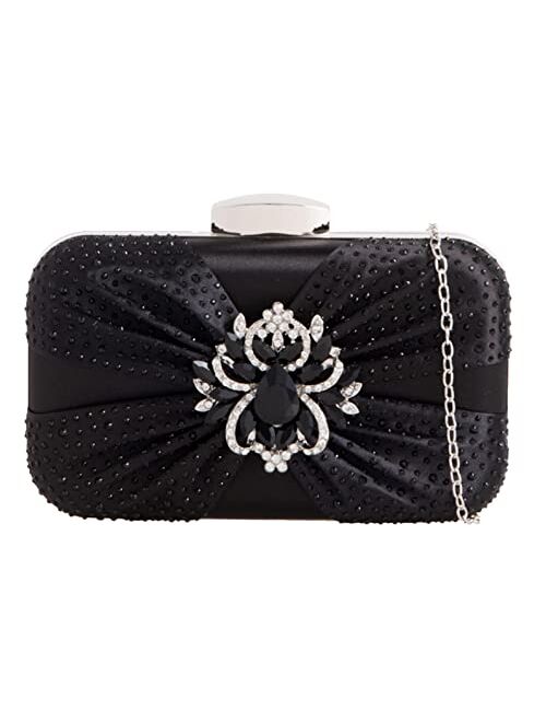 Girly Handbags Womens Satin Brooch Gemstones Compact Clutch Bag