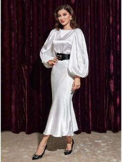 Modely Lantern Sleeve Belted Satin Dress