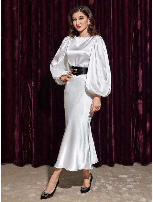 SHEIN Modely Lantern Sleeve Belted Satin Dress