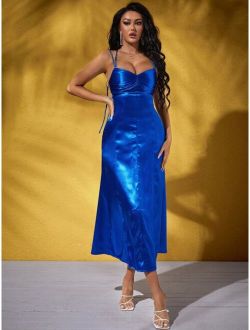 Criss Cross Backless Ruched Bust Satin Cami Dress