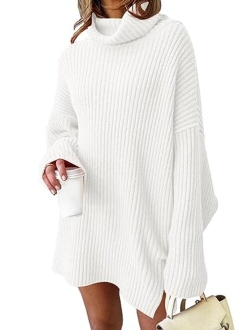LILLUSORY Women Turtleneck Batwing Sleeve Sweater Mini Dress Cozy Oversized Tunic Pullover Long Knit Tops